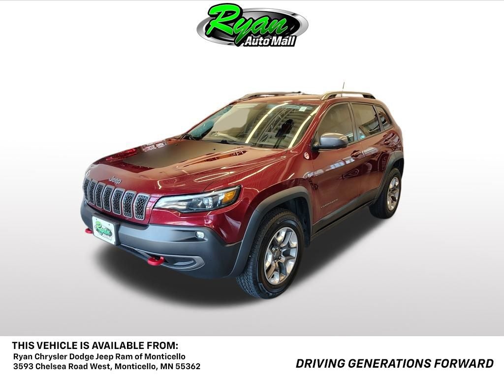 2019 Jeep Cherokee Trailhawk in Velvet Red Pearlcoat — front three-quarter view