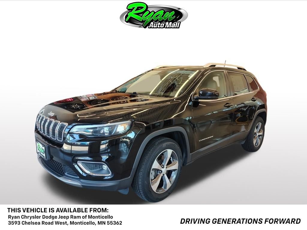 2019 Jeep Cherokee Limited in Diamond Black Crystal Pearlcoat — front three-quarter view