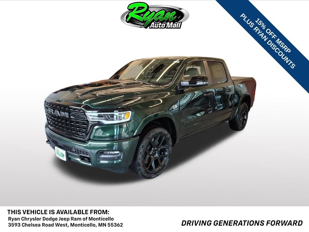 2026 RAM 1500 Limited in Serrano-Green Metallic Exterior Paint — front three-quarter view