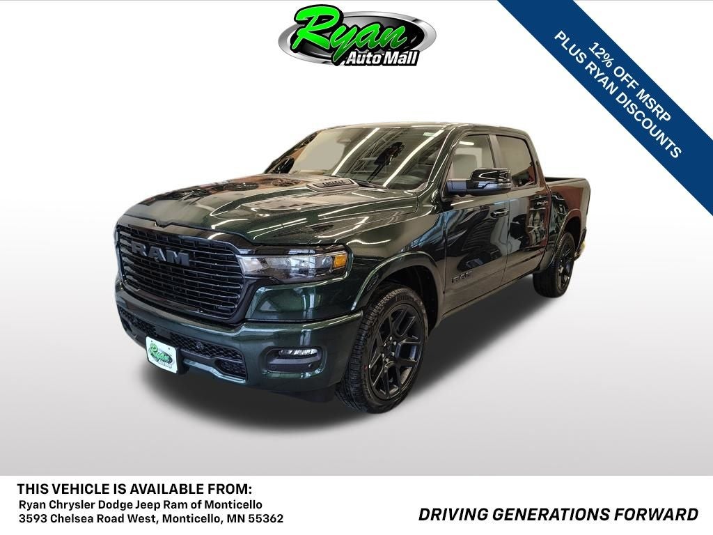 2026 RAM 1500 Laramie in Serrano-Green Metallic Exterior Paint — front three-quarter view