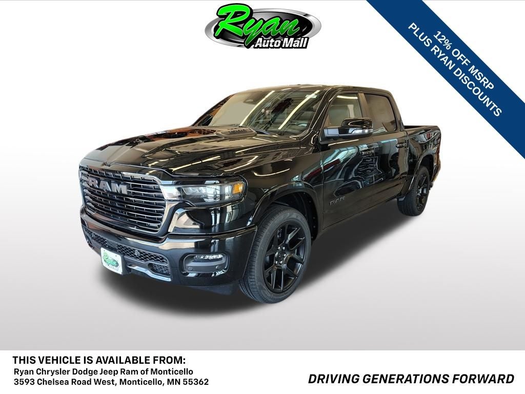 2026 RAM 1500 Laramie in Diamond Black Crystal Pearl-Coat Exterior Paint — front three-quarter view