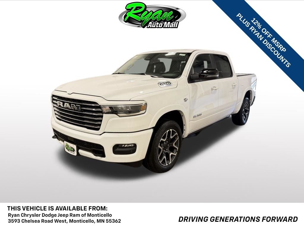 2026 RAM 1500 Laramie in Bright White Clear-Coat Exterior Paint — front three-quarter view