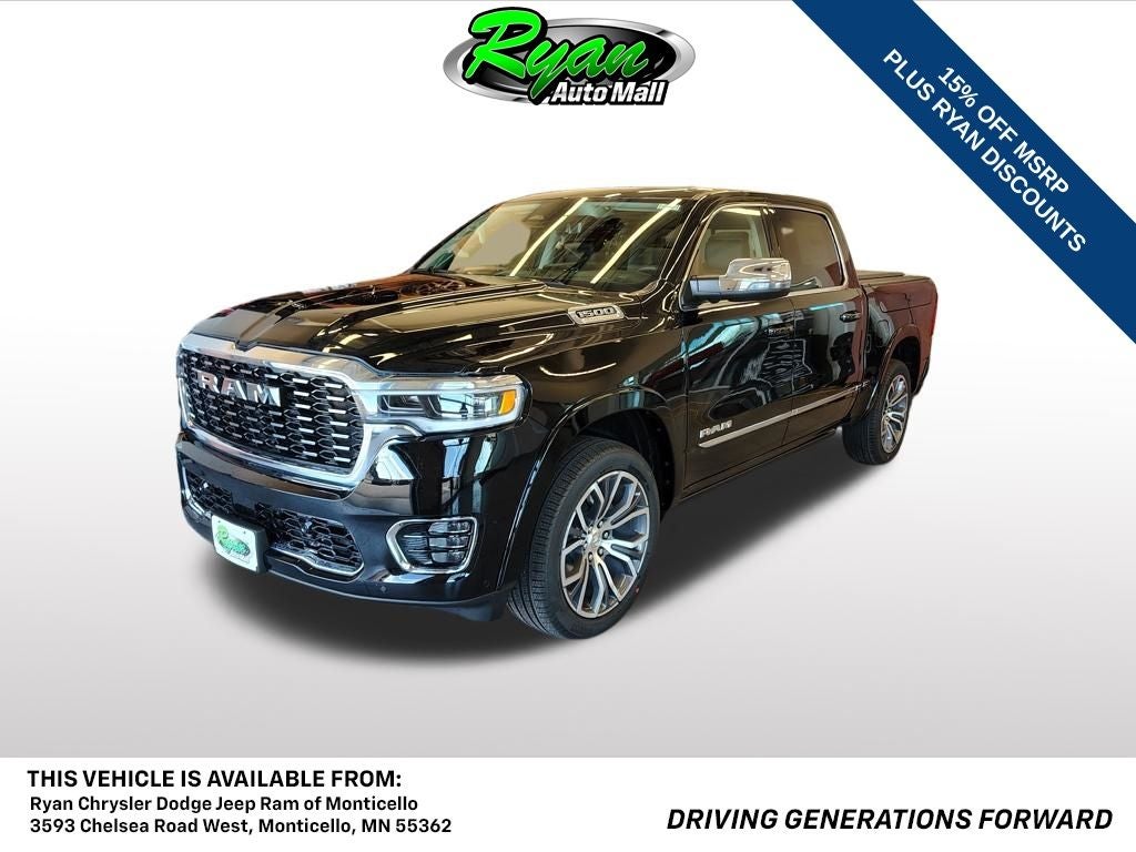 2026 RAM 1500 Tungsten in Diamond Black Crystal Pearl-Coat Exterior Paint — front three-quarter view