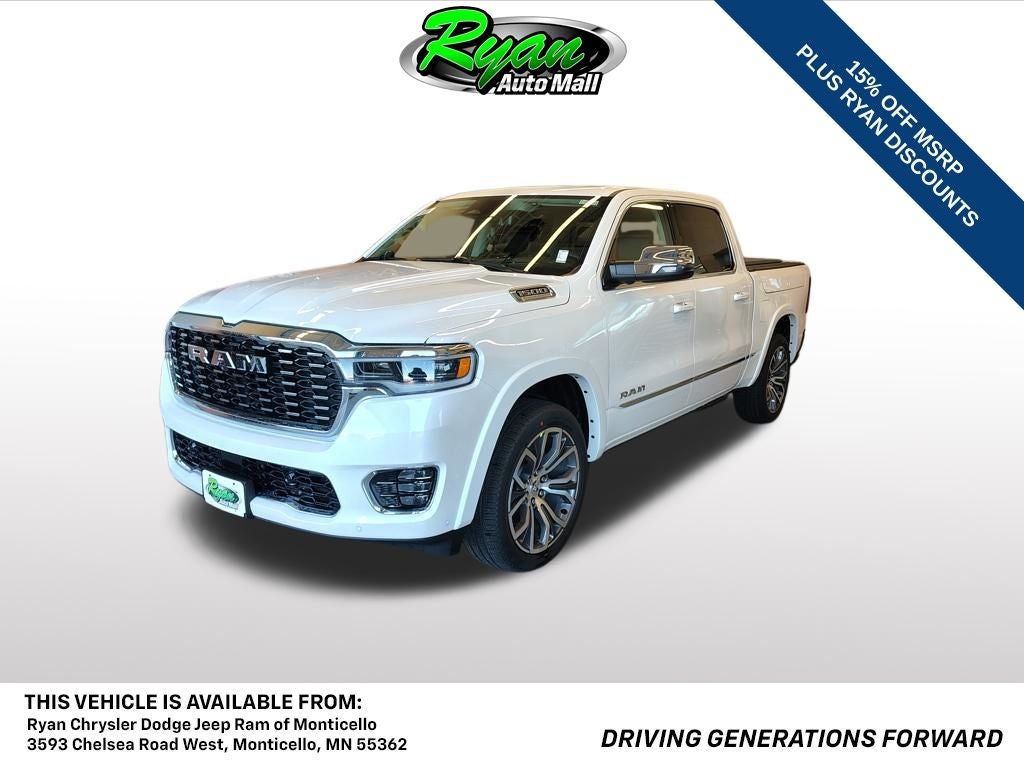 2026 RAM 1500 Tungsten in Ivory White Tri-Coat Pearl-Coat Exterior Paint — front three-quarter view