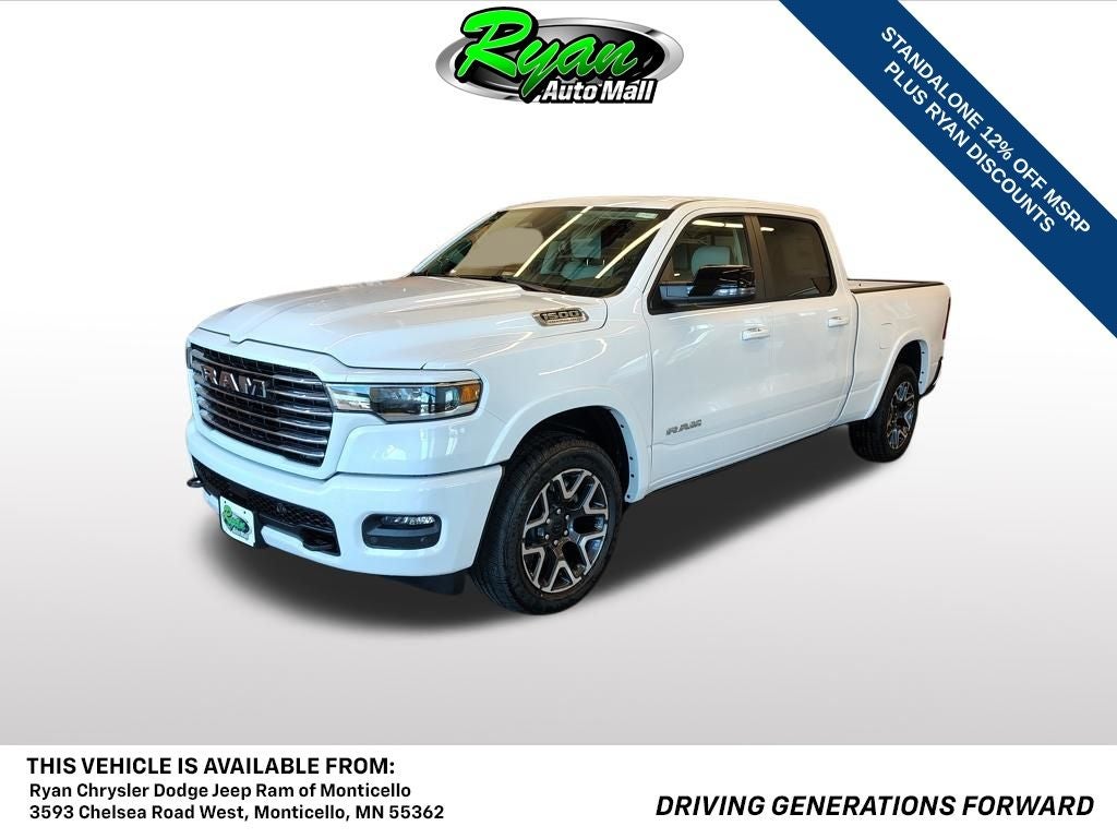 2026 RAM 1500 Laramie in Bright White Clear-Coat Exterior Paint — front three-quarter view