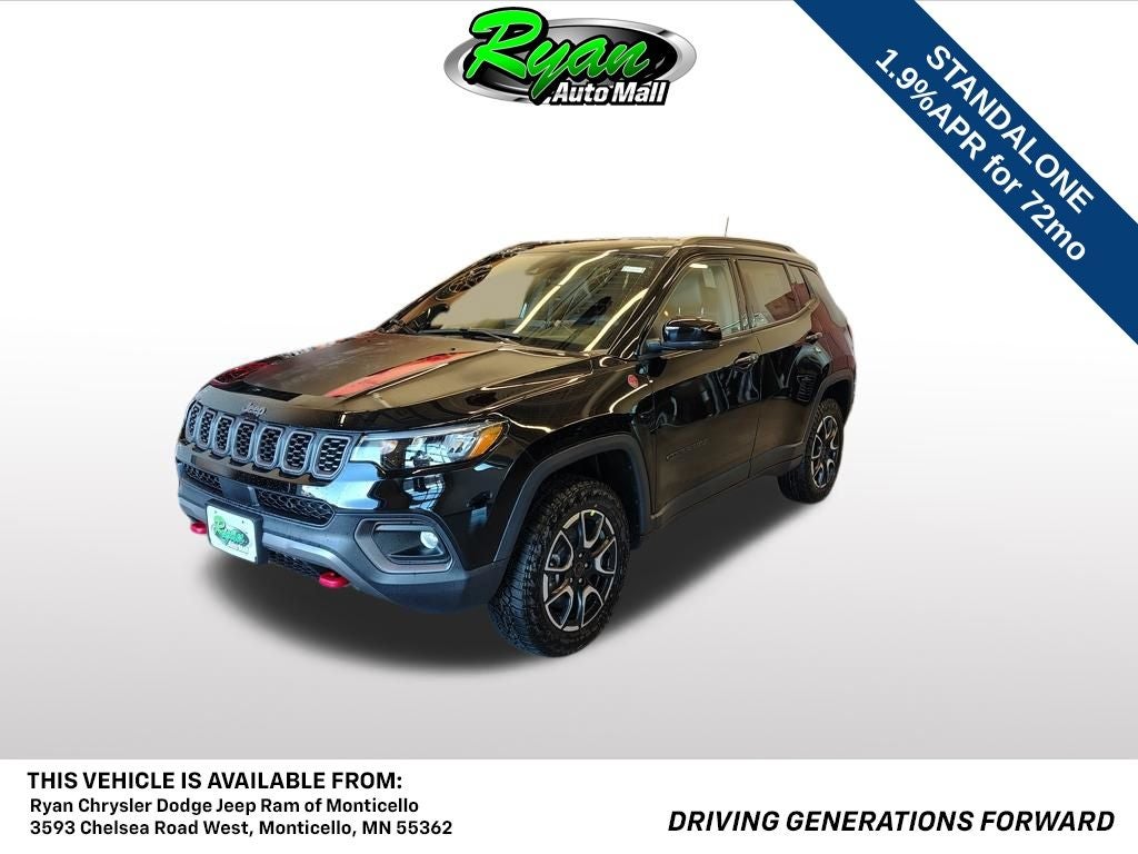 2026 Jeep Compass Trailhawk in Diamond Black Crystal Pearl-Coat Exterior Paint — front three-quarter view