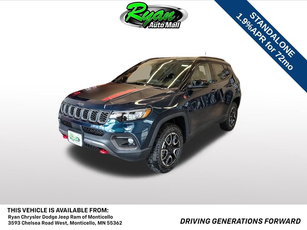 2026 Jeep Compass Trailhawk in Fathom Blue Pearl-Coat Exterior Paint — front three-quarter view