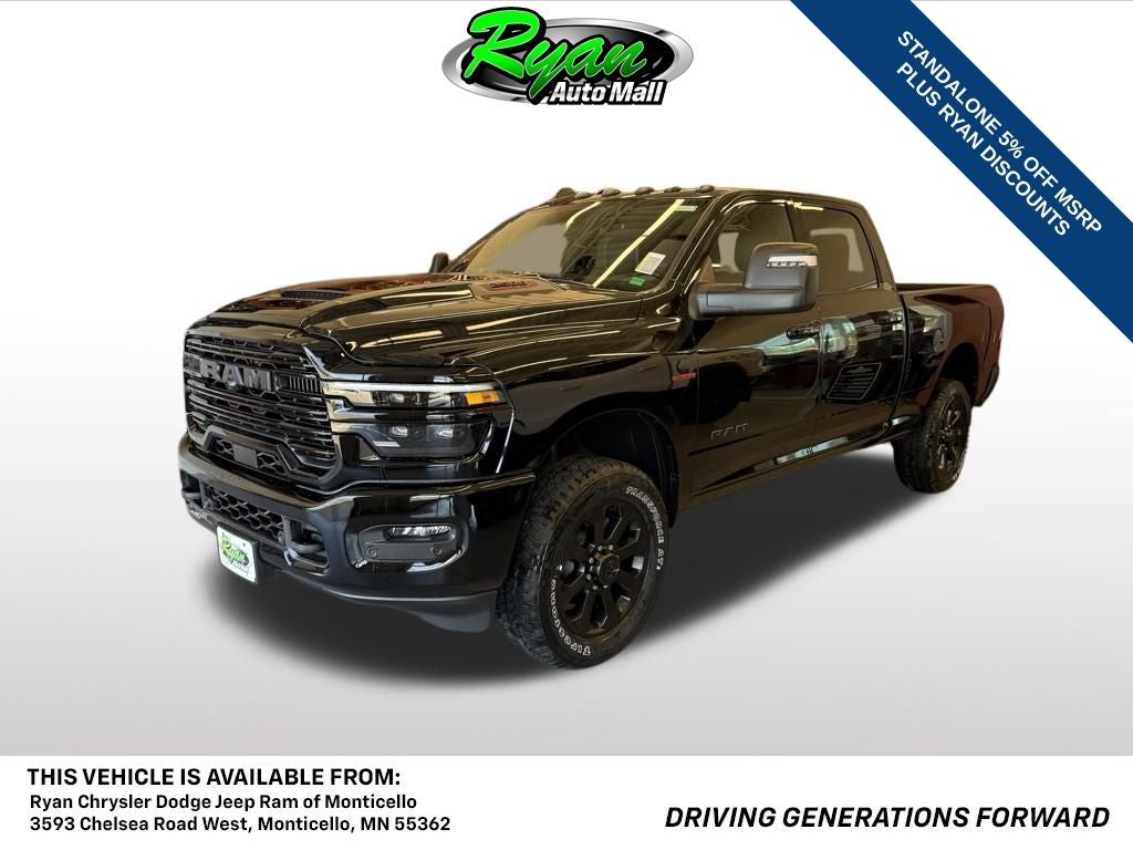 2026 RAM 2500 Laramie in Diamond Black Crystal Pearl-Coat Exterior Paint — front three-quarter view