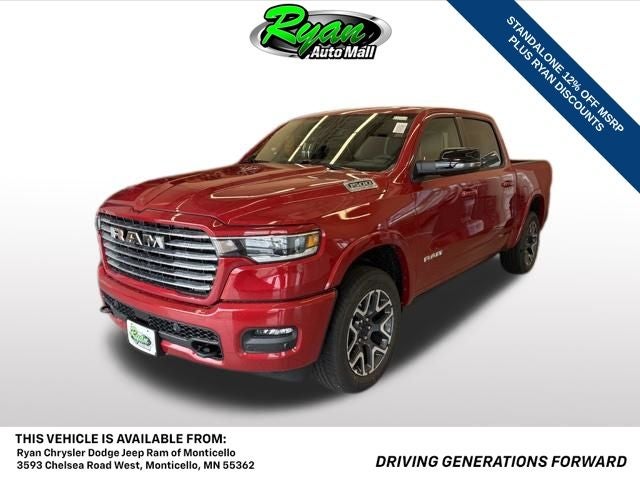 2026 RAM 1500 Laramie in Molten Red Pearl-Coat Exterior Paint — front three-quarter view