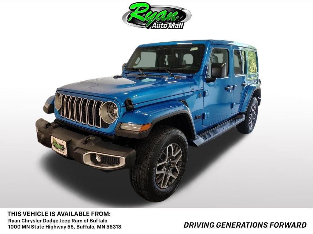 2026 Jeep Wrangler Sahara in Hydro Blue Pearl Coat — front three-quarter view