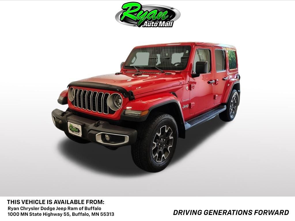 2024 Jeep Wrangler Sahara in Firecracker Red Clearcoat — front three-quarter view