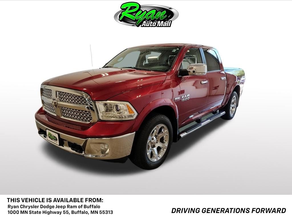 2015 RAM 1500 Laramie in Deep Cherry Red Crystal Pearlcoat — front three-quarter view