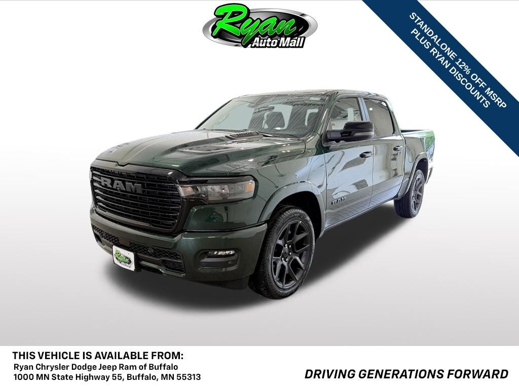 2026 RAM 1500 Laramie in Serrano Green Metallic — front three-quarter view