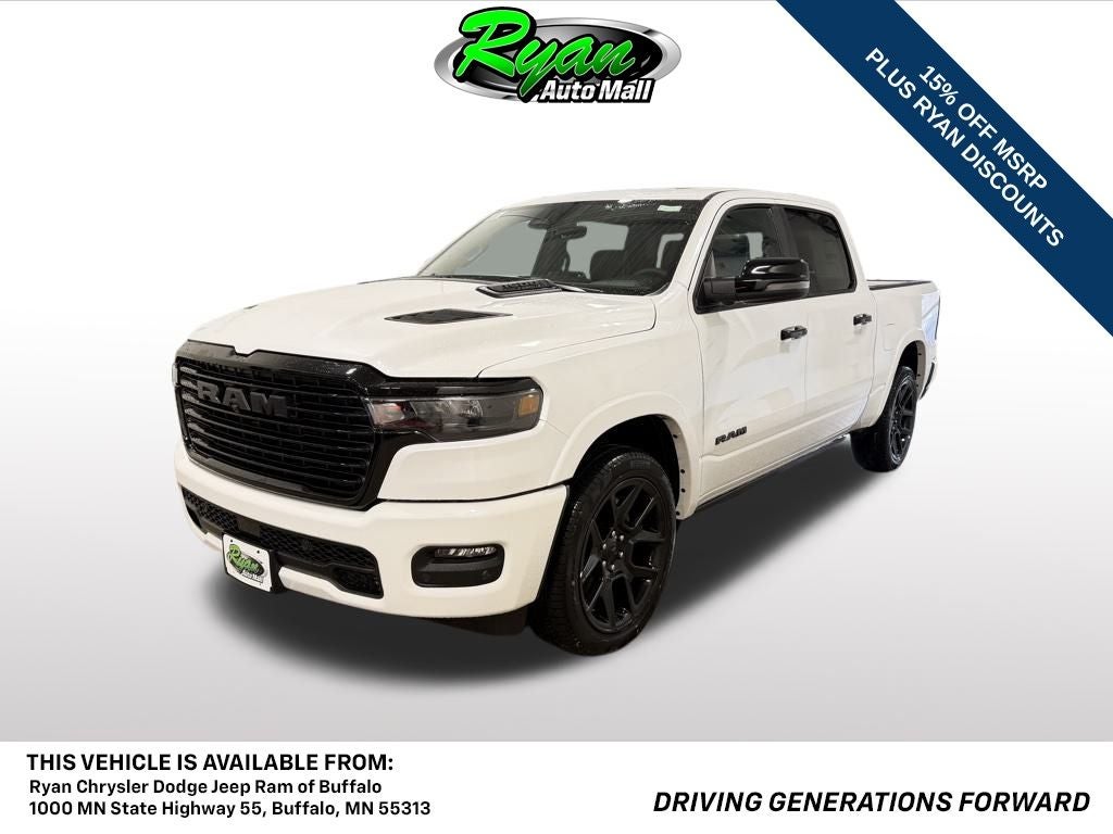 2026 RAM 1500 Laramie in Ivory White Tri-Coat Pearlcoat — front three-quarter view