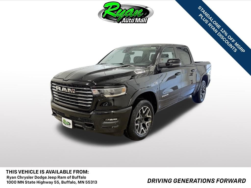 2026 RAM 1500 Laramie in Diamond Black Crystal Pearlcoat — front three-quarter view