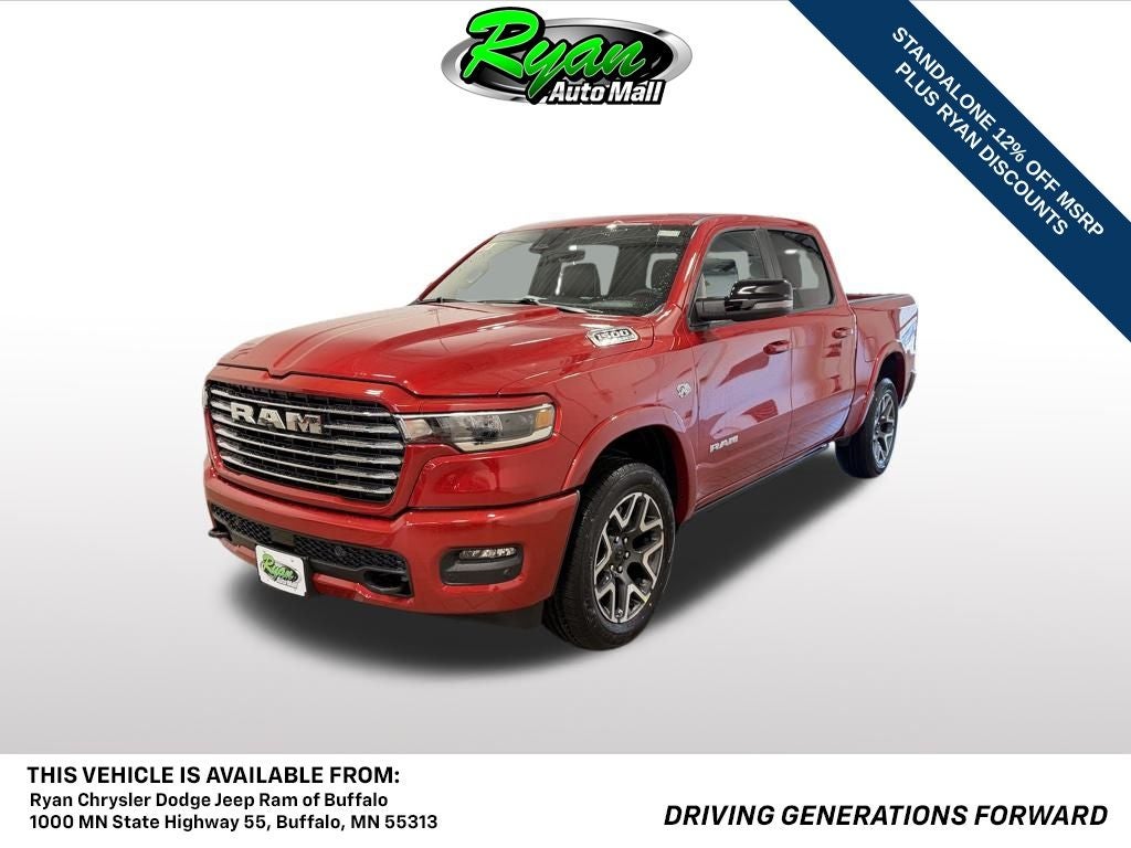 2026 RAM 1500 Laramie in Molten Red Pearlcoat — front three-quarter view