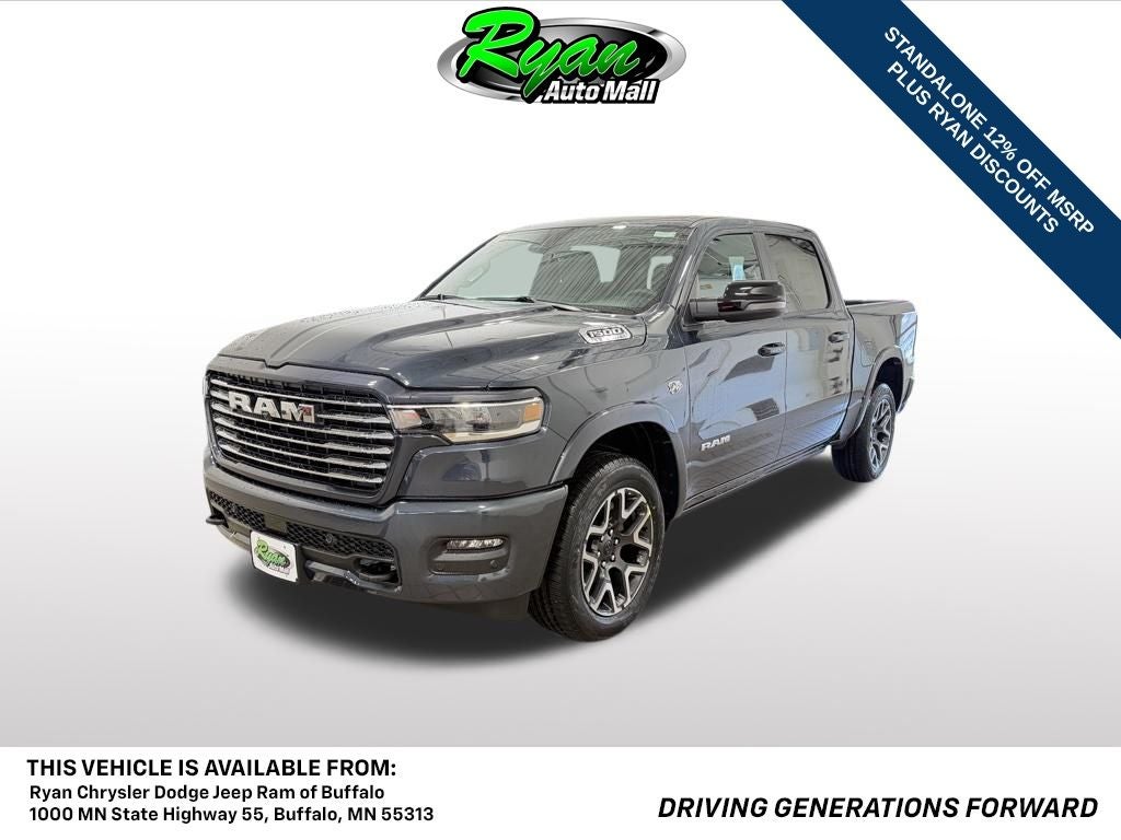 2026 RAM 1500 Laramie in Forged Blue Metallic — front three-quarter view