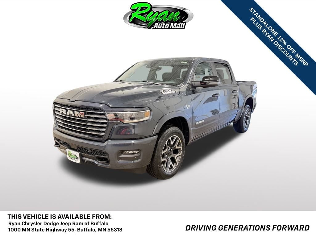 2026 RAM 1500 Laramie in Forged Blue Metallic — front three-quarter view