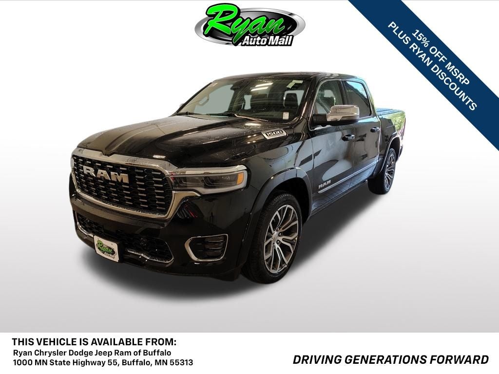 2026 RAM 1500 Tungsten in Diamond Black Crystal Pearlcoat — front three-quarter view