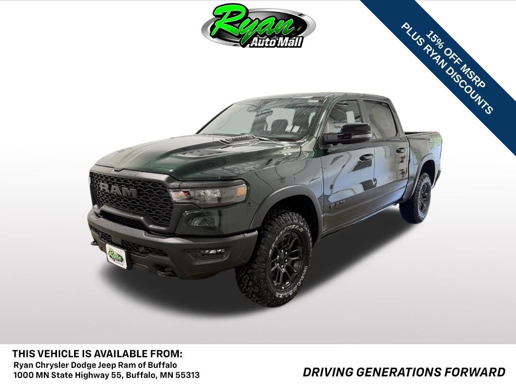 2026 RAM 1500 Rebel in Serrano Green Metallic — front three-quarter view