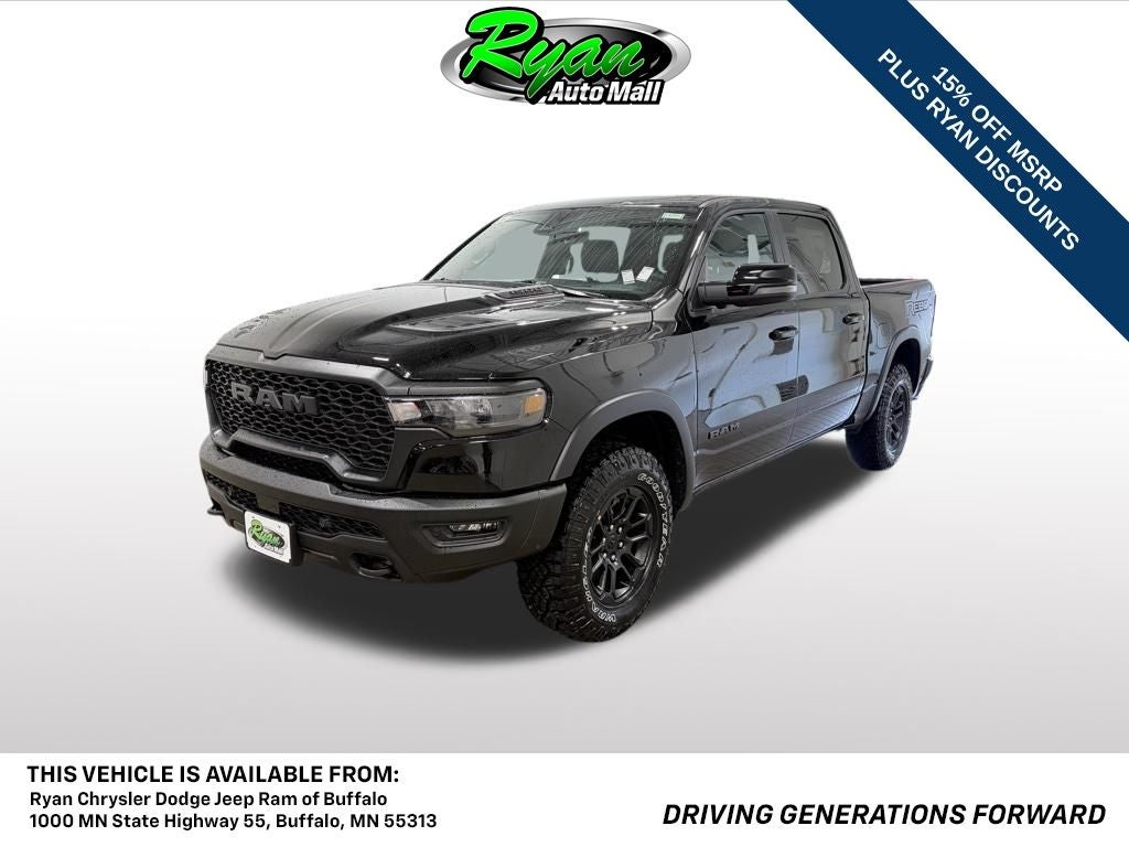 2026 RAM 1500 Rebel in Diamond Black Crystal Pearlcoat — front three-quarter view