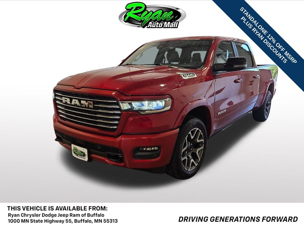 2026 RAM 1500 Laramie in Molten Red Pearlcoat — front three-quarter view