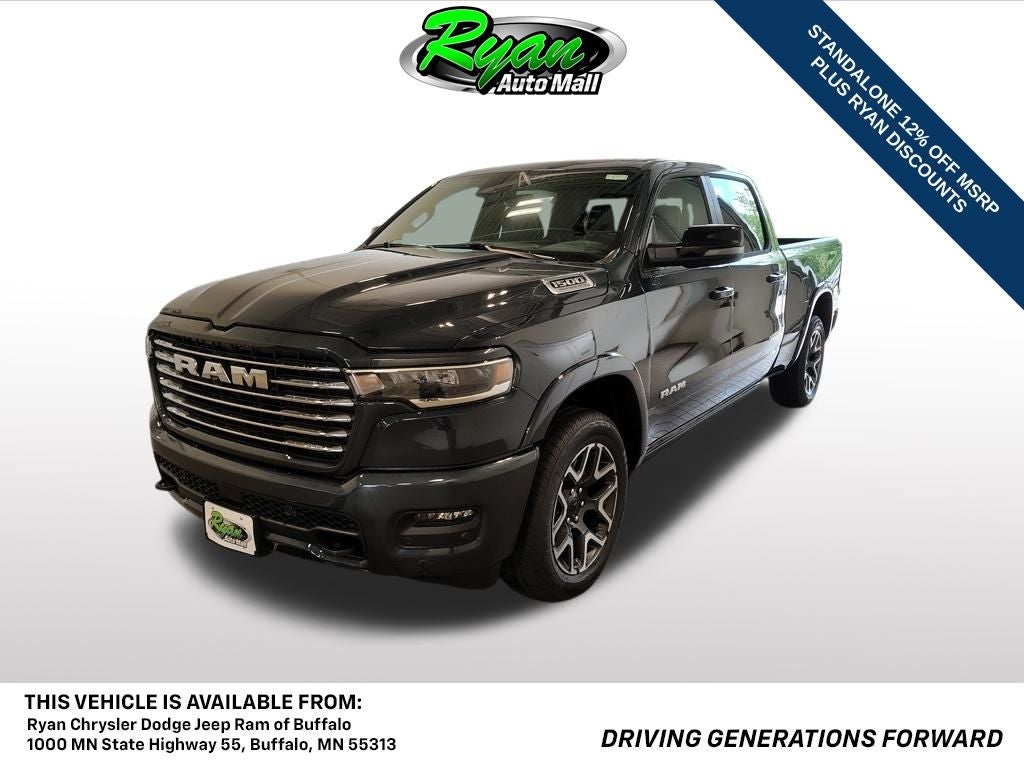 2026 RAM 1500 Laramie in Forged Blue Metallic — front three-quarter view