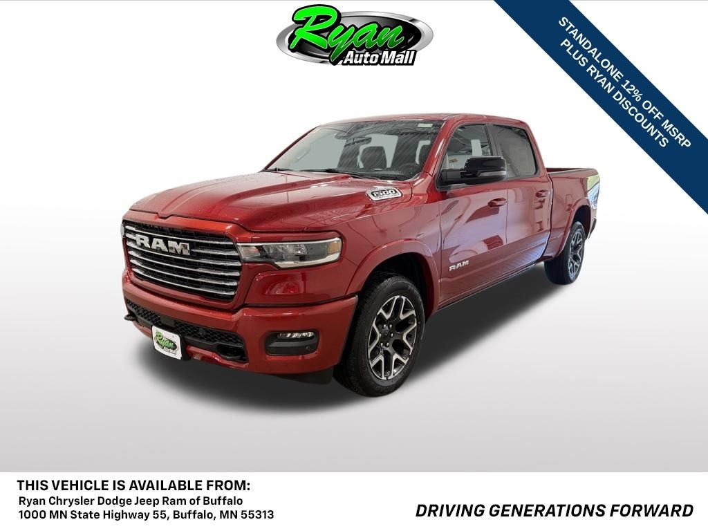2026 RAM 1500 Laramie in Molten Red Pearlcoat — front three-quarter view