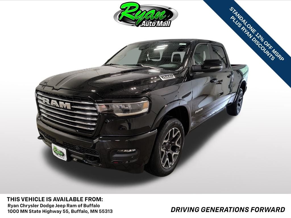 2026 RAM 1500 Laramie in Diamond Black Crystal Pearlcoat — front three-quarter view