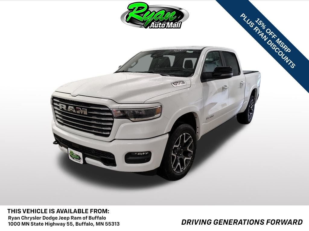 2026 RAM 1500 Laramie in Bright White Clearcoat — front three-quarter view
