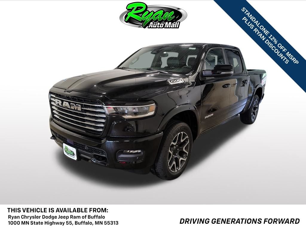 2026 RAM 1500 Laramie in Diamond Black Crystal Pearlcoat — front three-quarter view