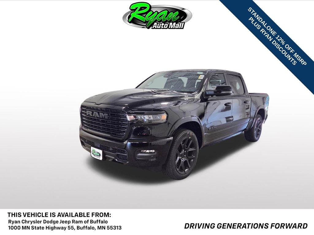 2026 RAM 1500 Laramie in Diamond Black Crystal Pearlcoat — front three-quarter view