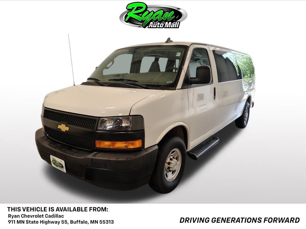 2023 Chevrolet Express 3500 LS Passenger in Summit White — front three-quarter view