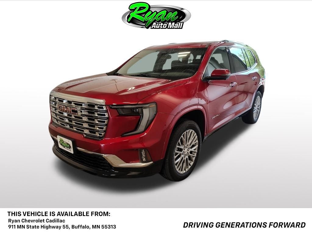 2025 GMC Acadia Denali in Volcanic Red Tintcoat — front three-quarter view
