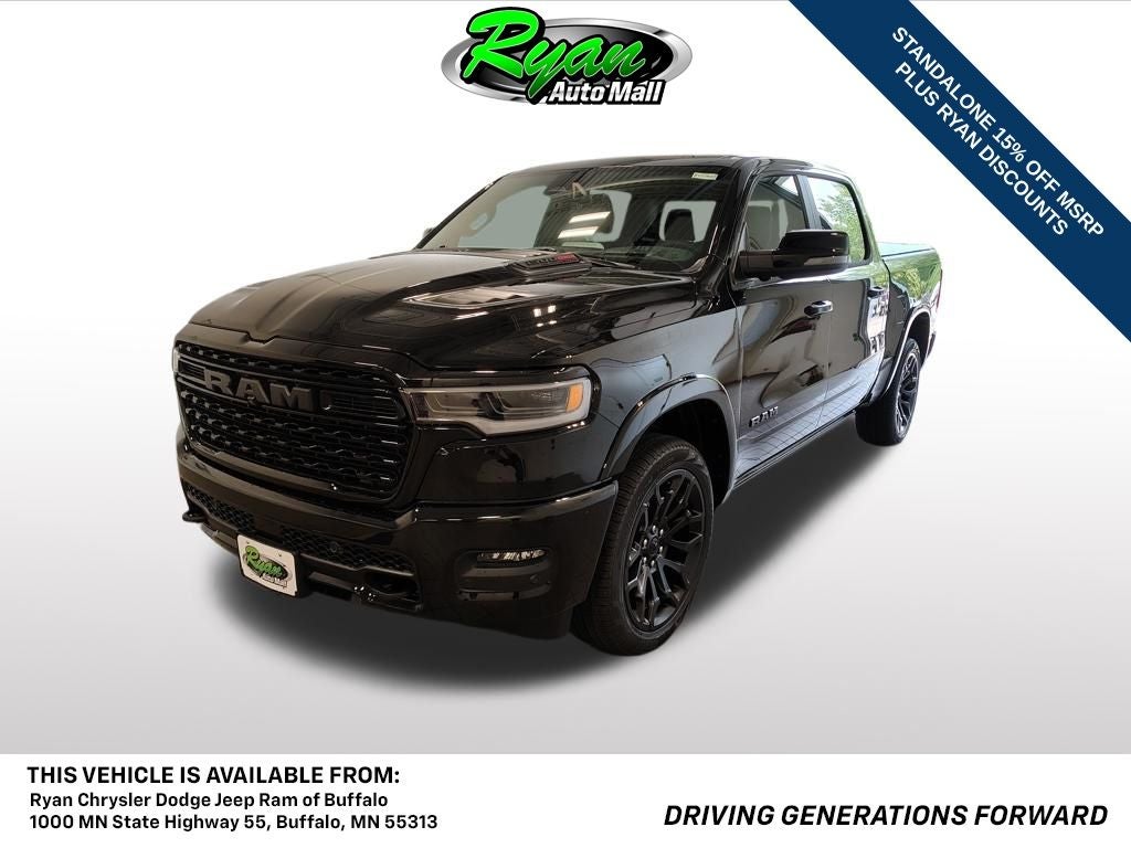 2026 RAM 1500 Limited in Diamond Black Crystal Pearlcoat — front three-quarter view