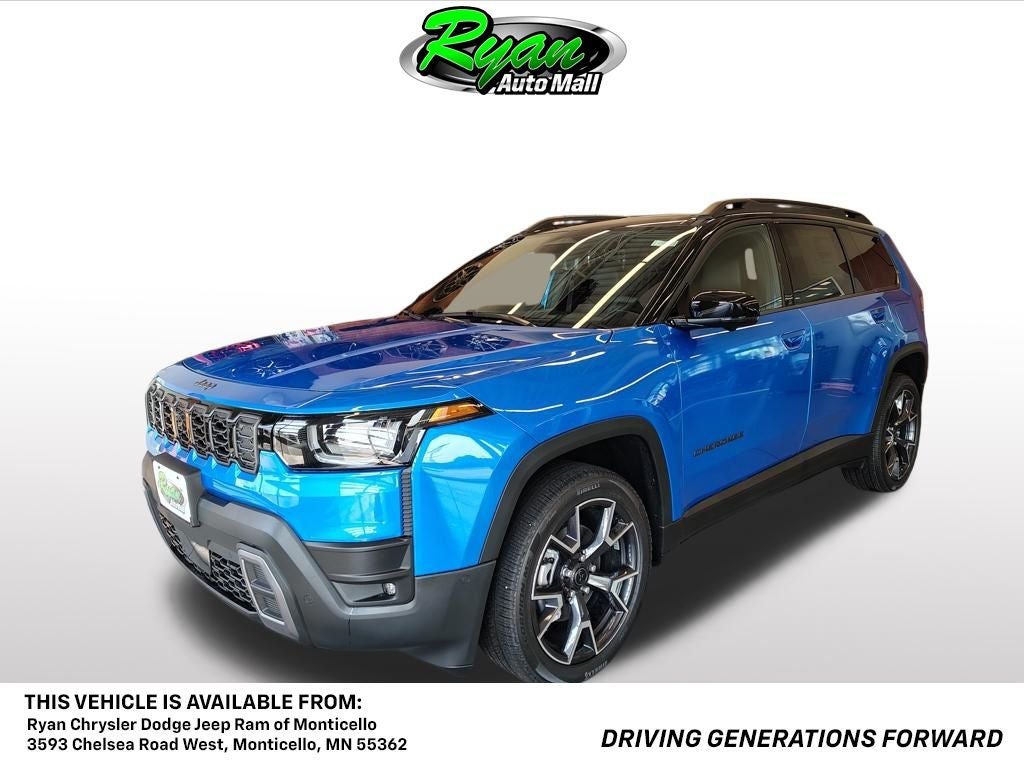 2026 Jeep Cherokee Overland in Hydro Blue Pearl-Coat Exterior Paint — front three-quarter view