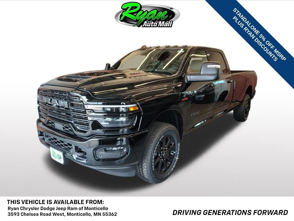 2026 RAM 3500 Laramie in Diamond Black Crystal Pearl-Coat Exterior Paint — front three-quarter view